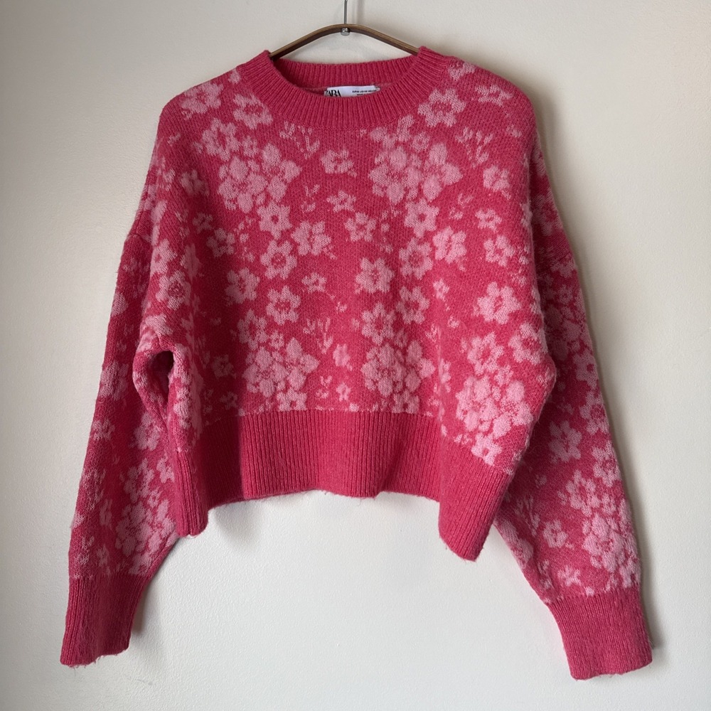 Zara Pink Floral Jacquard Knit Tunic Sweater Wool Long Sleeve Size M Soft Girl